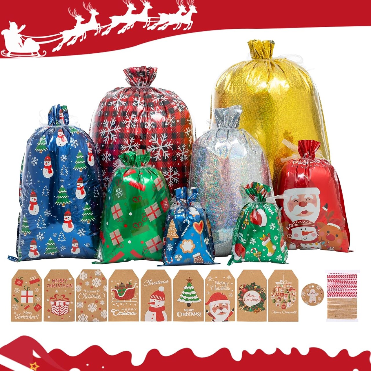 Christmas Gift Bags-42Pcs Drawstring Gift Bags Xmas Christmas Bags with Drawstring for Wrapping Christmas Gifts Presents with Ribbon Ties and Christmas Tags(Large Medium Small Size)